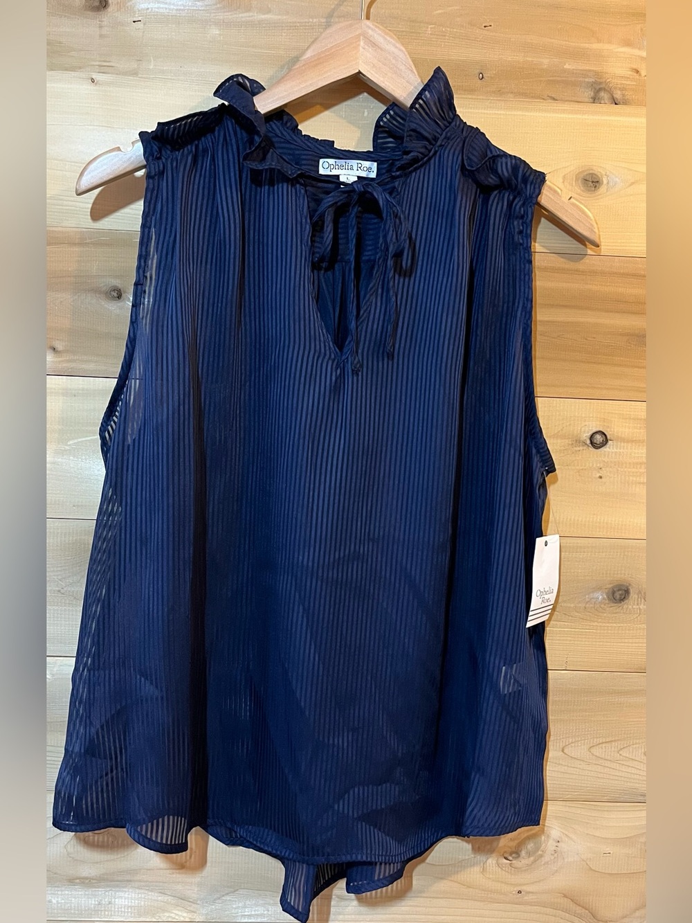 Ophelia Roe blue sheer striped sleeveless ruffle blouse NWT